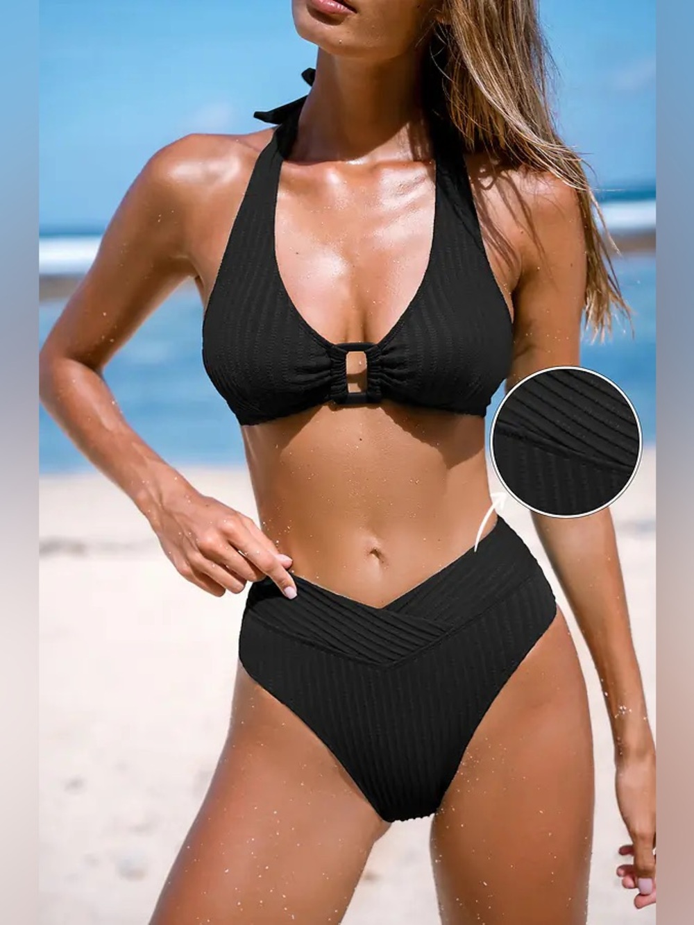 Cupshe Halter Ring Ribbed Bikini Top & Overlap Bottoms Set Size Large NWT